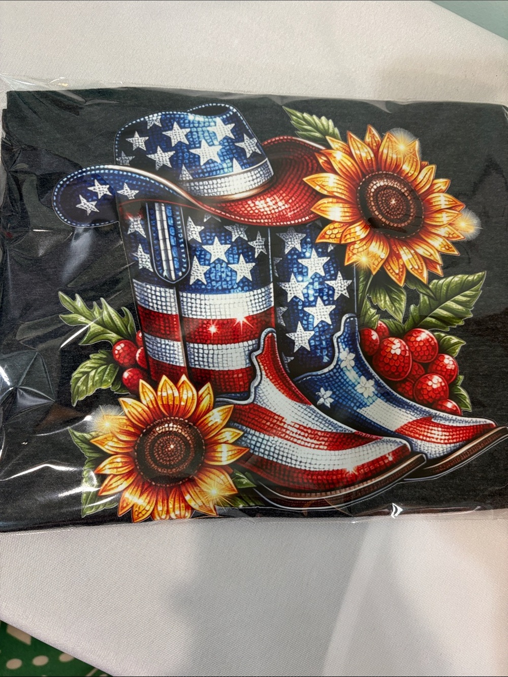 American Flag Cowboy Boots & Hat Graphic Tee with Sunflowers